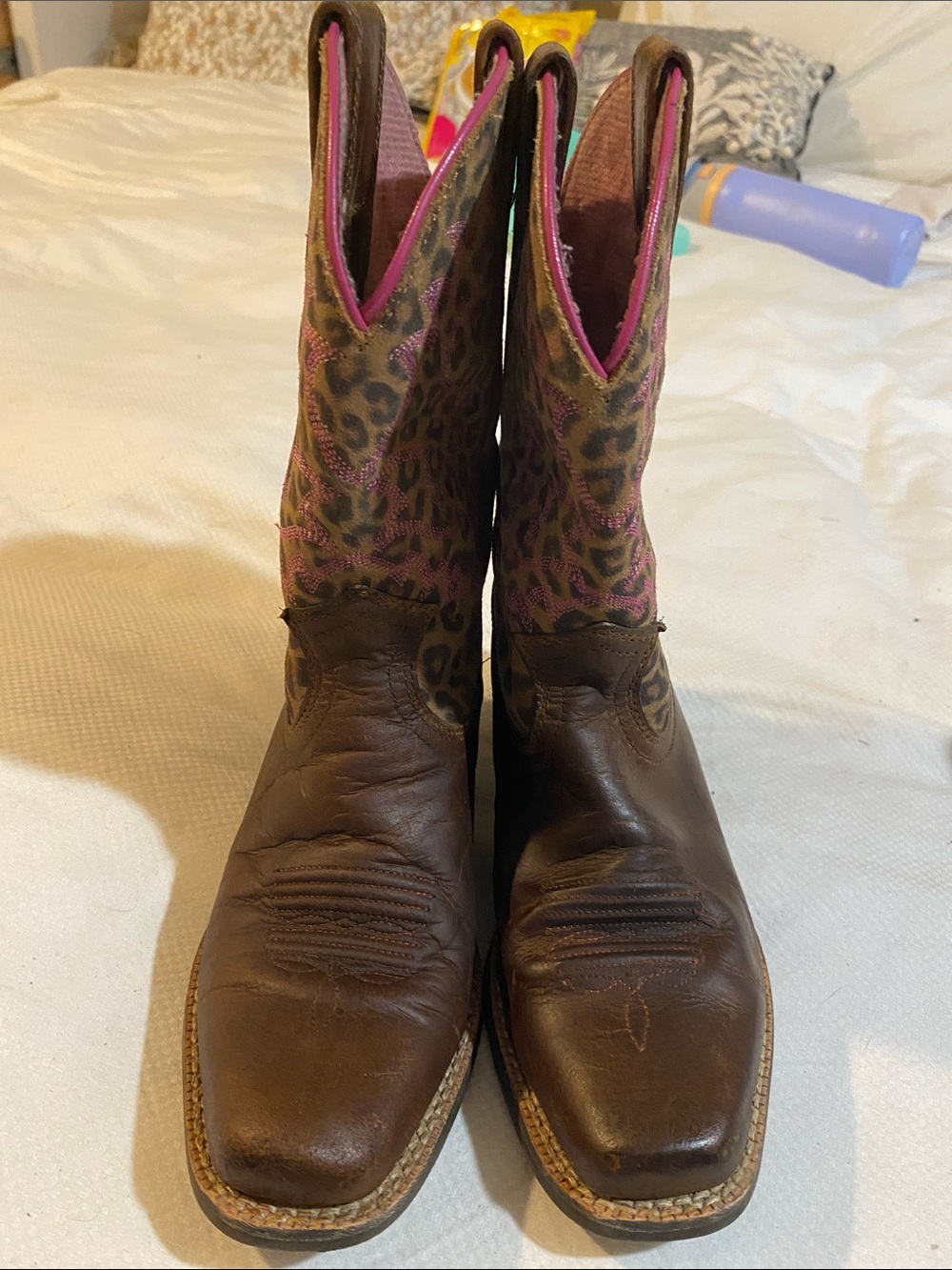 Ariat Brown Leather Western Boots with Pink Leopard Shaft